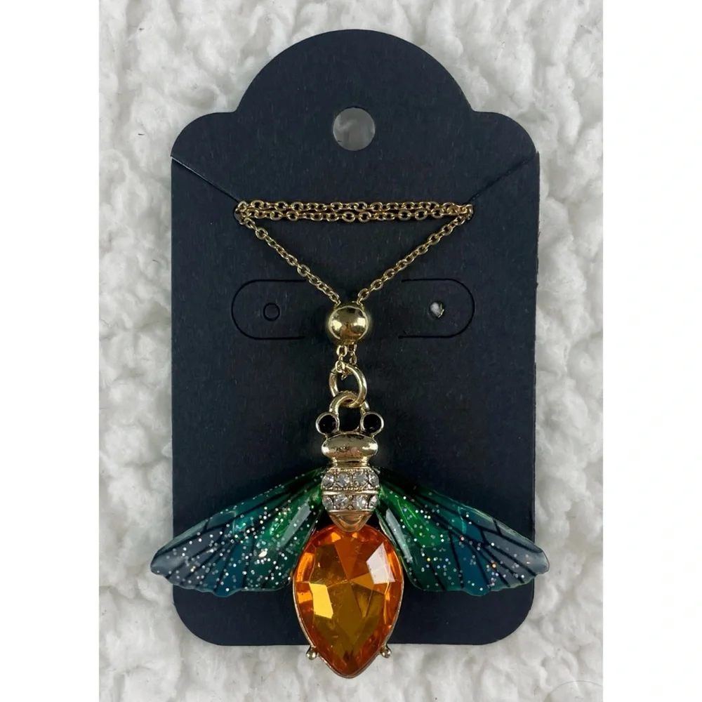 (NWOT) Blue/Green/Orange/Gold Firefly Necklace w/ Matching Drop Earrings - Picture 2 of 15